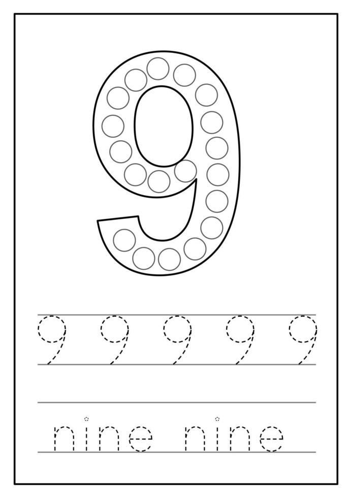 Learning numbers for kids. Number nine. Math worksheet. vector