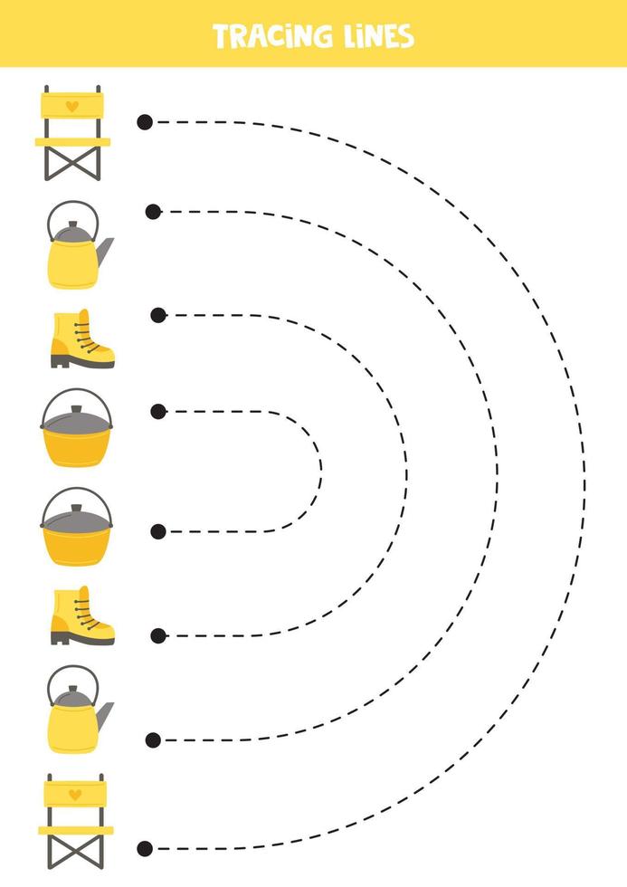 Tracing lines for kids. Cute camping elements. Writing practice. vector