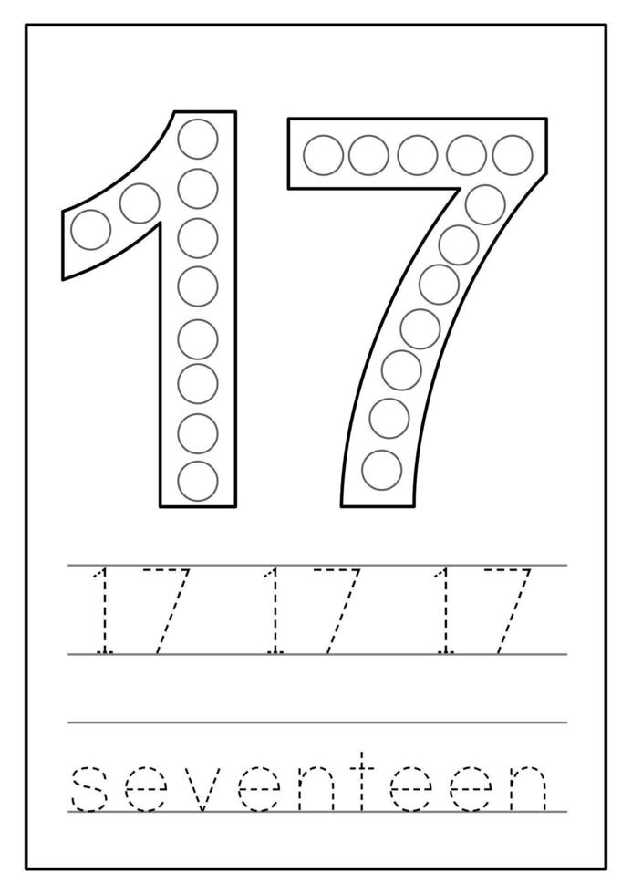 Learning numbers for kids. Number seventeen. Math worksheet. vector