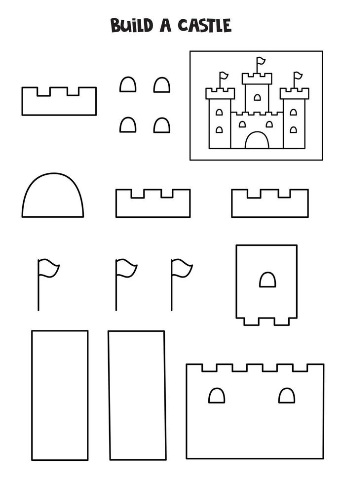 Build a castle. Cut and glue parts of picture. Black and white worksheet. vector