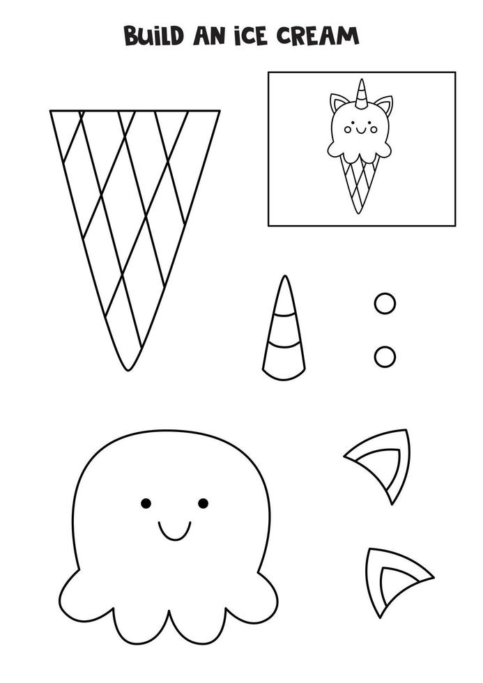 Build a unicorn ice cream. Cut and glue parts of picture. Black and white worksheet. vector