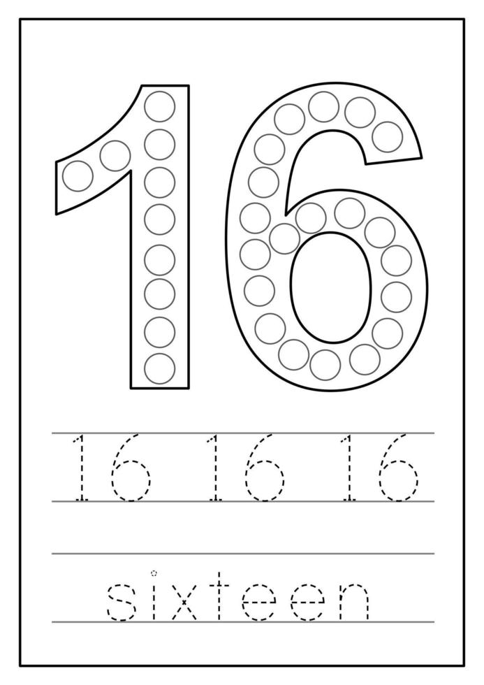 Learning numbers for kids. Number sixteen. Math worksheet. vector
