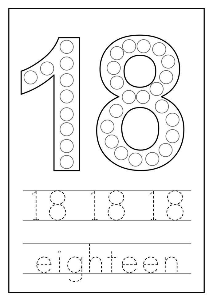 Learning numbers for kids. Number eighteen. Math worksheet. vector