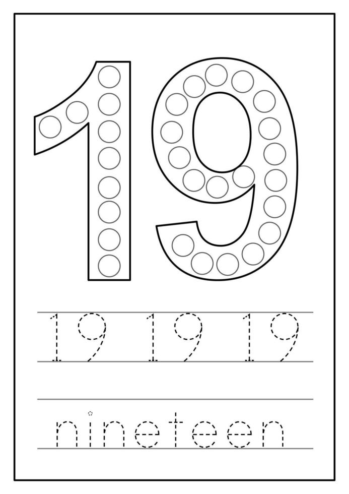 Learning numbers for kids. Number nineteen. Math worksheet. vector
