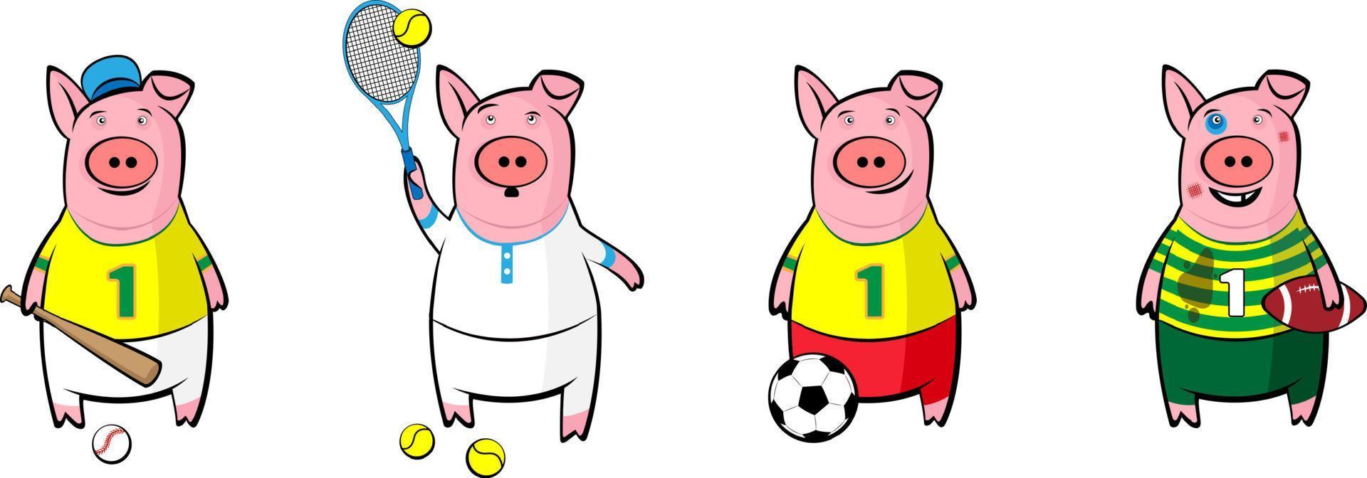 Set of cartoon pigs playing sports. vector