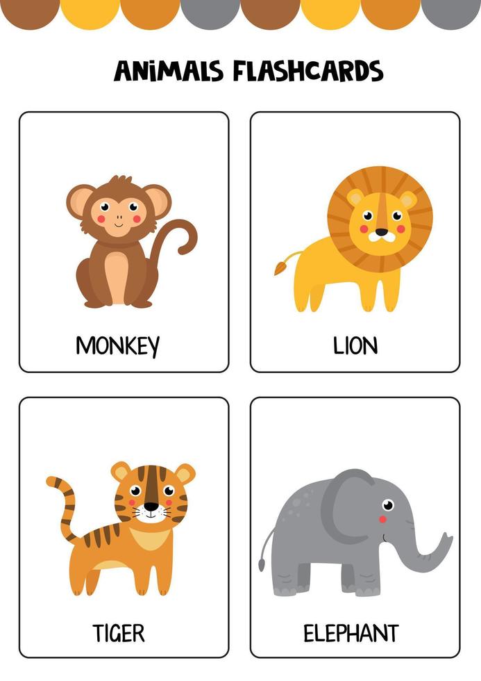 Cute wild animals with names. Flashcards for children. vector