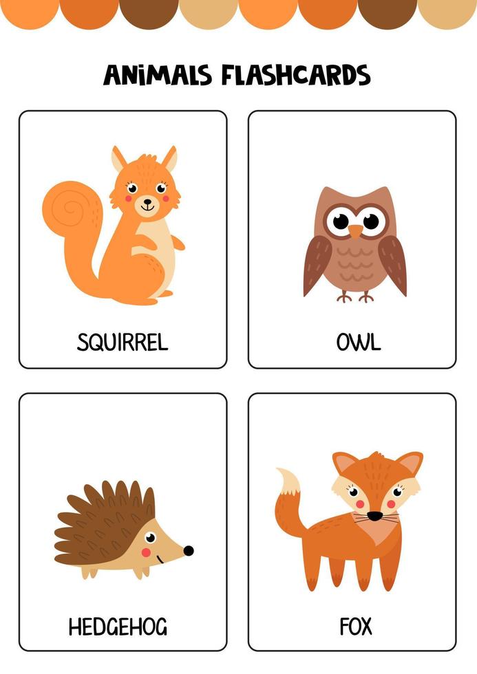 Cute wild animals with names. Flashcards for children. vector