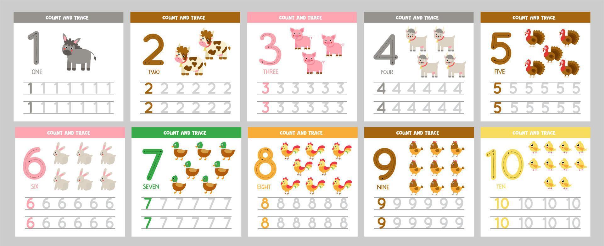 Collection of flashcards for learning numbers for children. Cute farm animals. vector