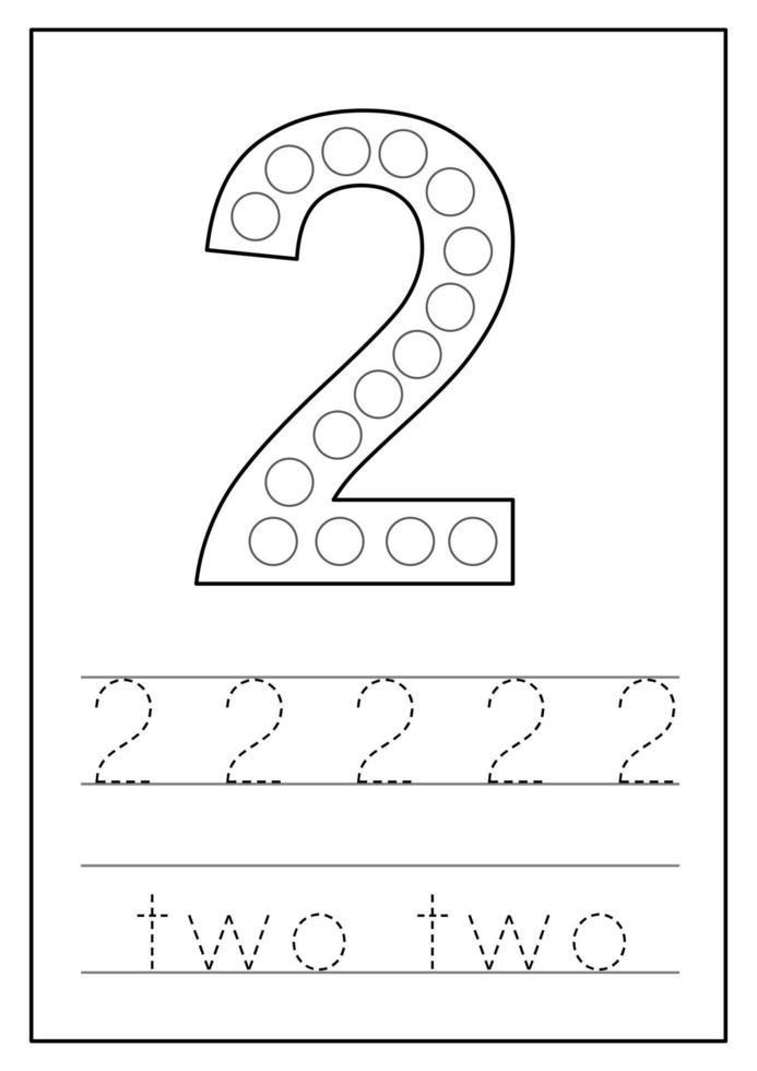 Learning numbers for kids. Number two. Math worksheet. vector