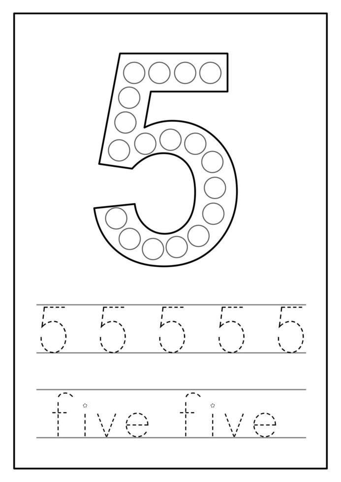 Learning numbers for kids. Number five. Math worksheet. vector