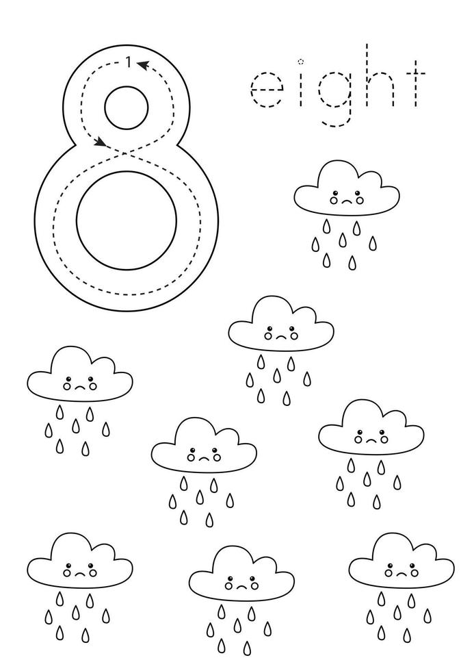 Flashcard number 8. Preschool worksheet. Black and white cute rainy clouds. vector