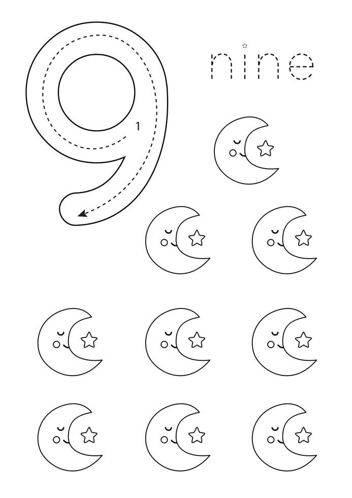 Flashcard number 9. Preschool worksheet. Black and white cute crescent. vector