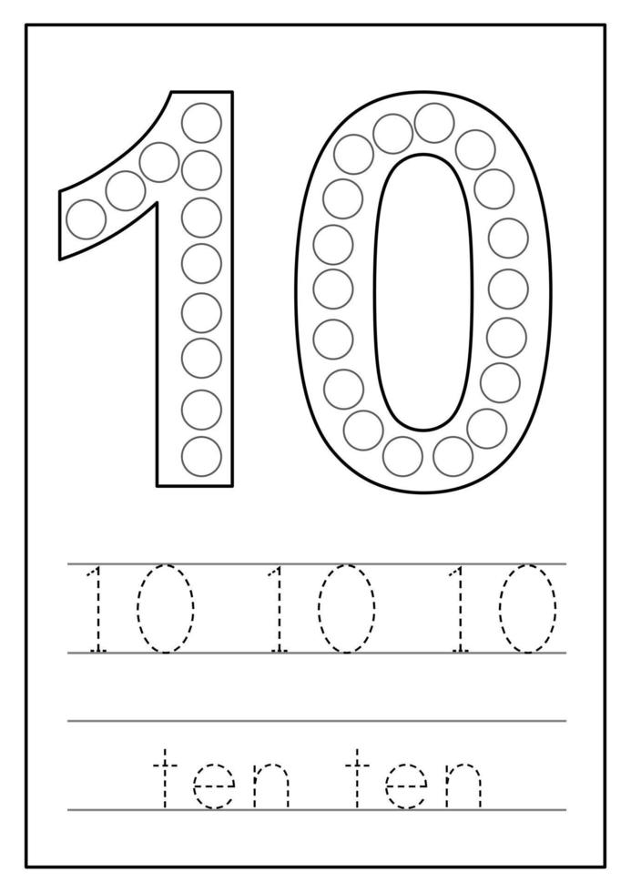 Learning numbers for kids. Number ten. Math worksheet. vector