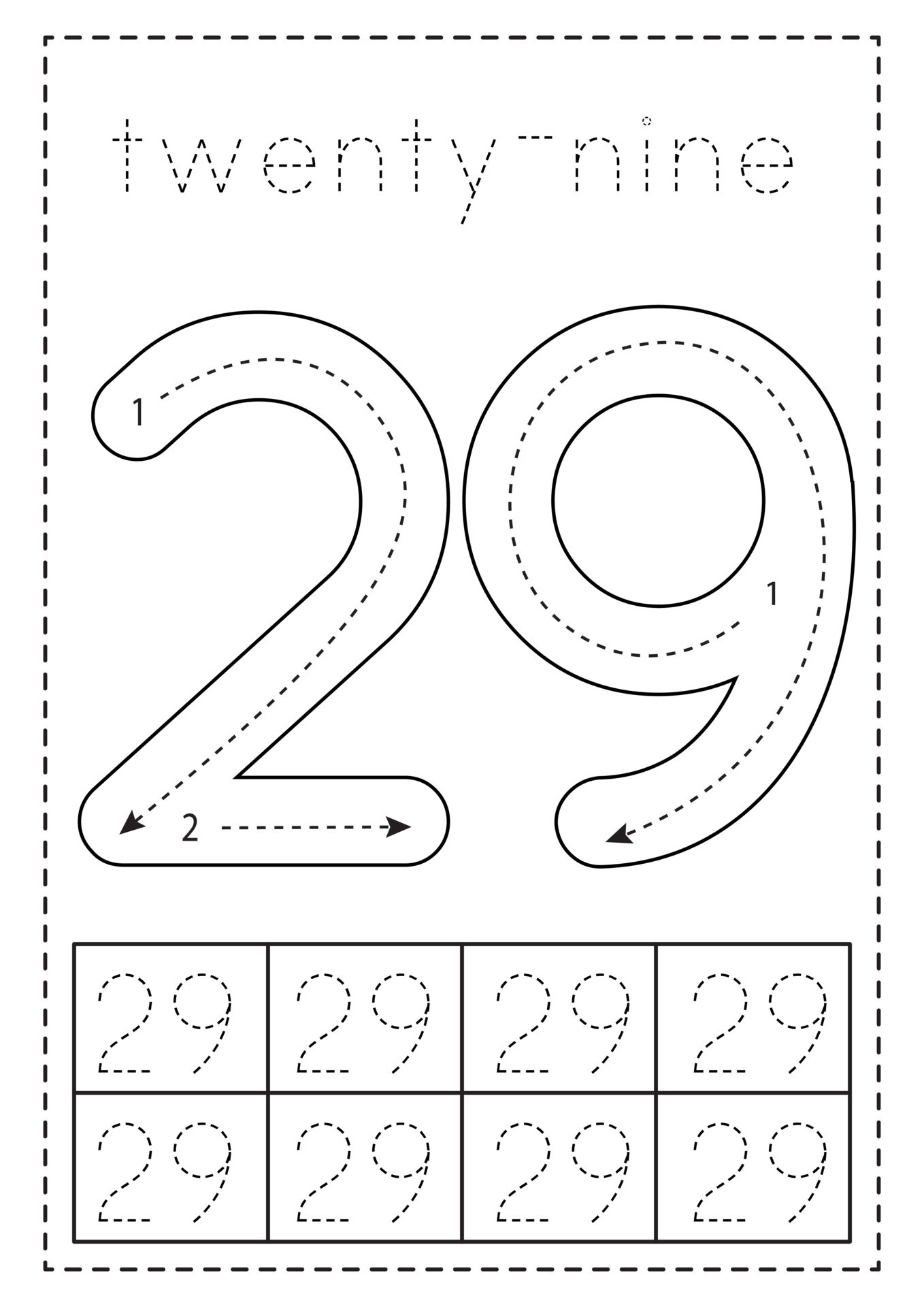 Tracing number twenty nine. Preschool worksheet. Black and white