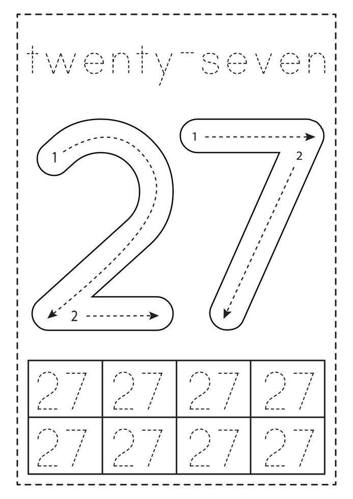 Tracing number twenty seven. Preschool worksheet. Black and white. vector