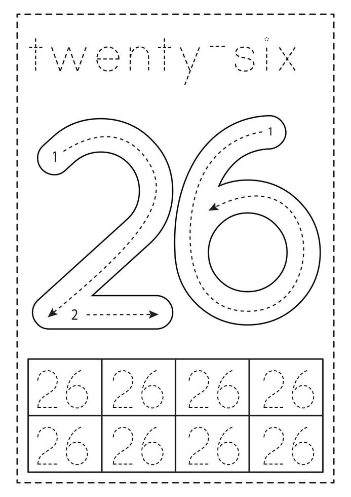 Tracing number twenty six. Preschool worksheet. Black and white. vector