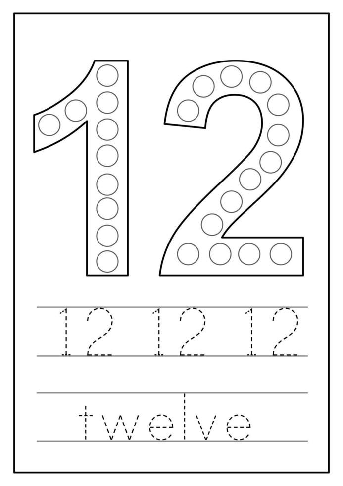 Learning numbers for kids. Number twelve. Math worksheet. vector