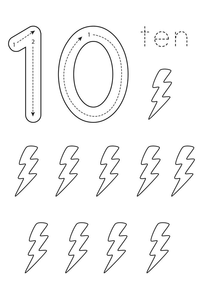 Flashcard number 10. Preschool worksheet. Black and white cute lightnings. vector