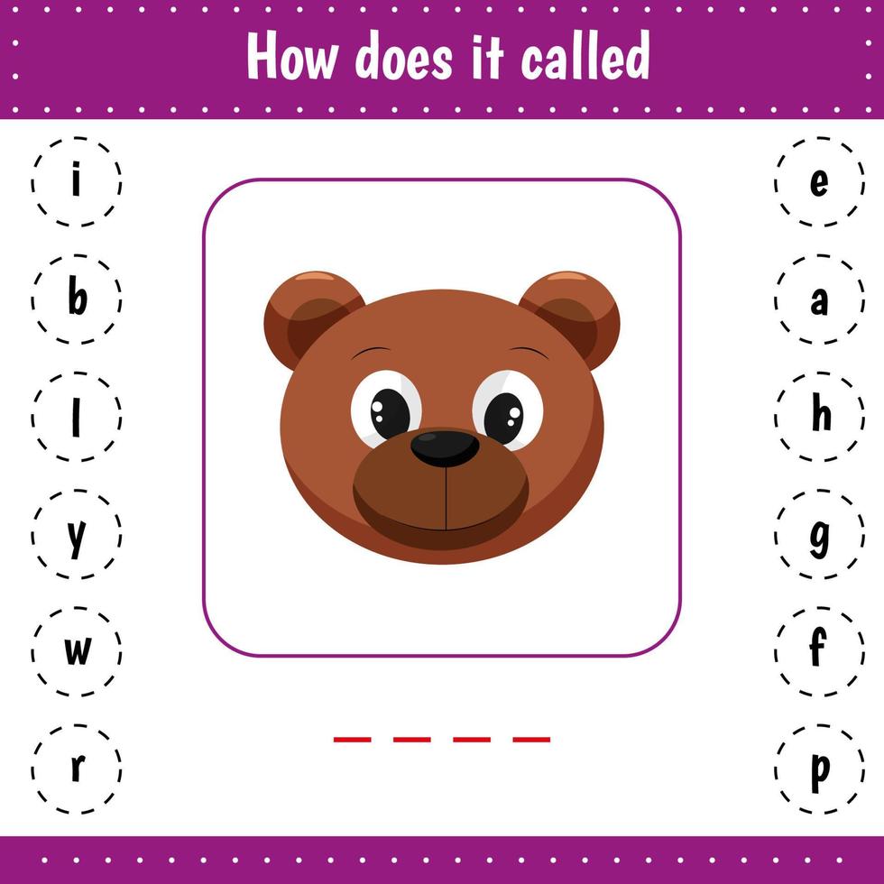 Add missed letters. Animal. Bear. Educational worksheet for preschool kids education. activity page with letters. vector