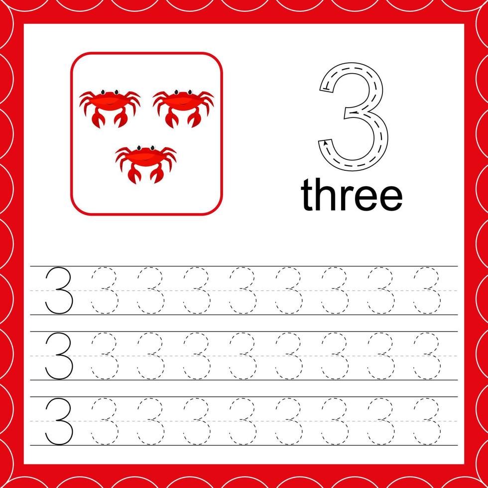 Cards with numbers for children. Trace the line. For kids learning to count and to write. Number three. Count crabs game. Educational maths worksheets vector
