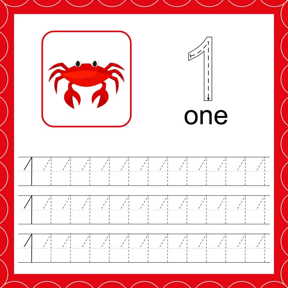 Cards with numbers for children. Trace the line. For kids learning to count and to write. Number one. Count crabs game. Educational maths worksheets vector