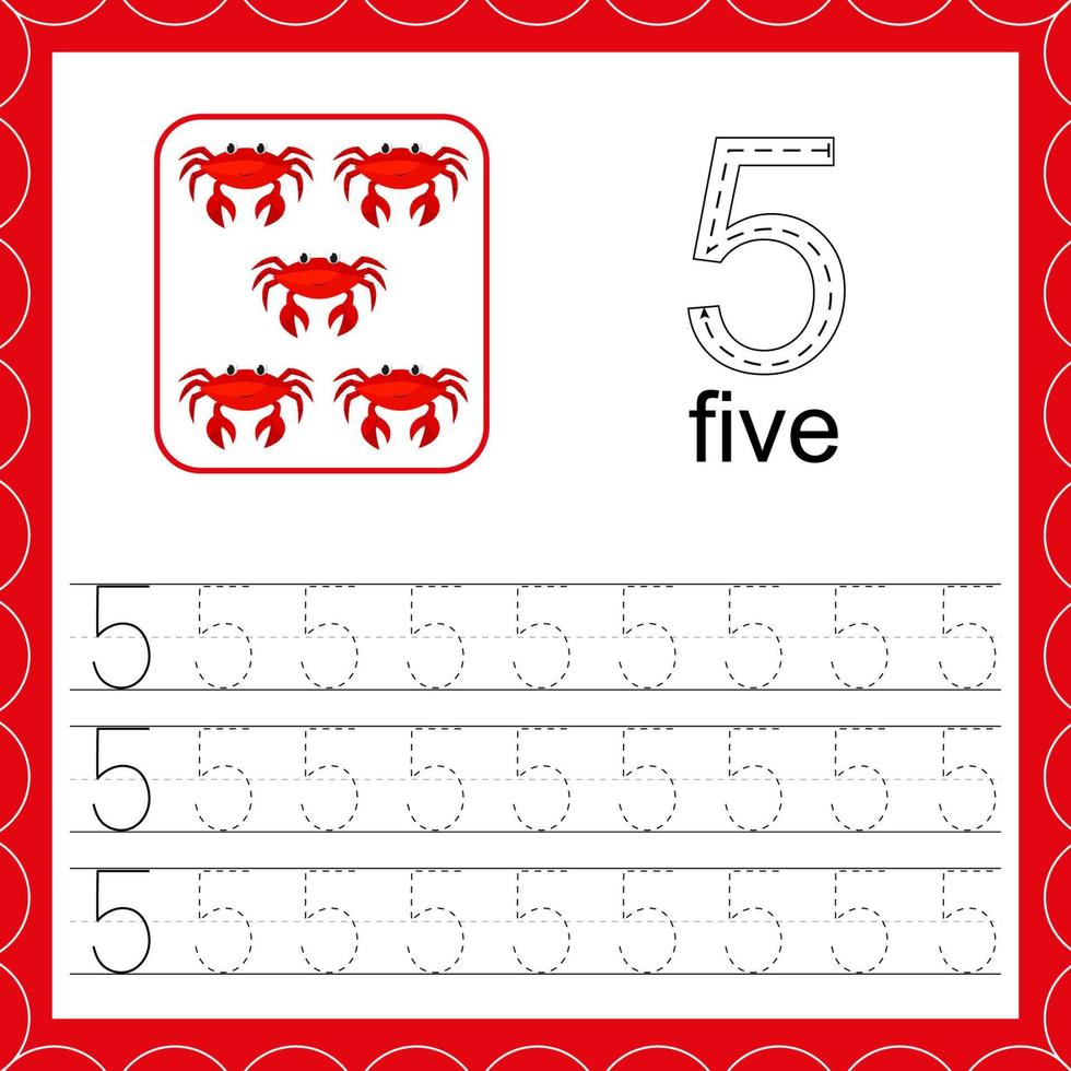 Cards with numbers for children. Trace the line. For kids learning to count and to write. Number five. Count crabs game. Educational maths worksheets vector