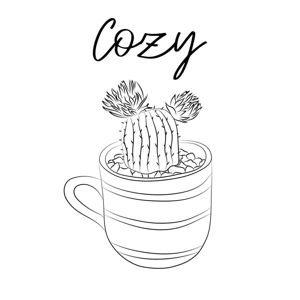 Cartoon illustration with green cactus doodle for fabric, web, postcards design. Hand drawn vector illustration. Hand drawn natural element.