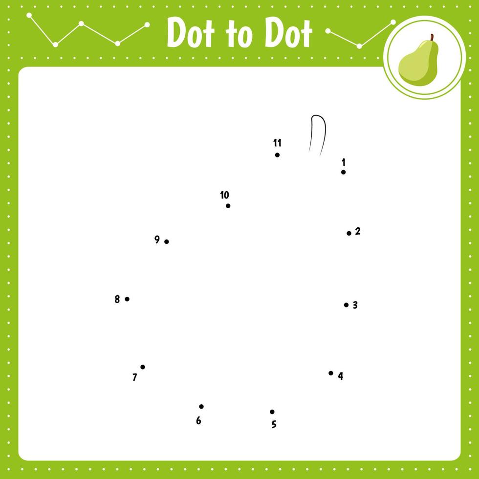 Connect the dots. Pear. Fruit.Dot to dot educational game. Coloring book for preschool kids activity worksheet. Vector Illustration.