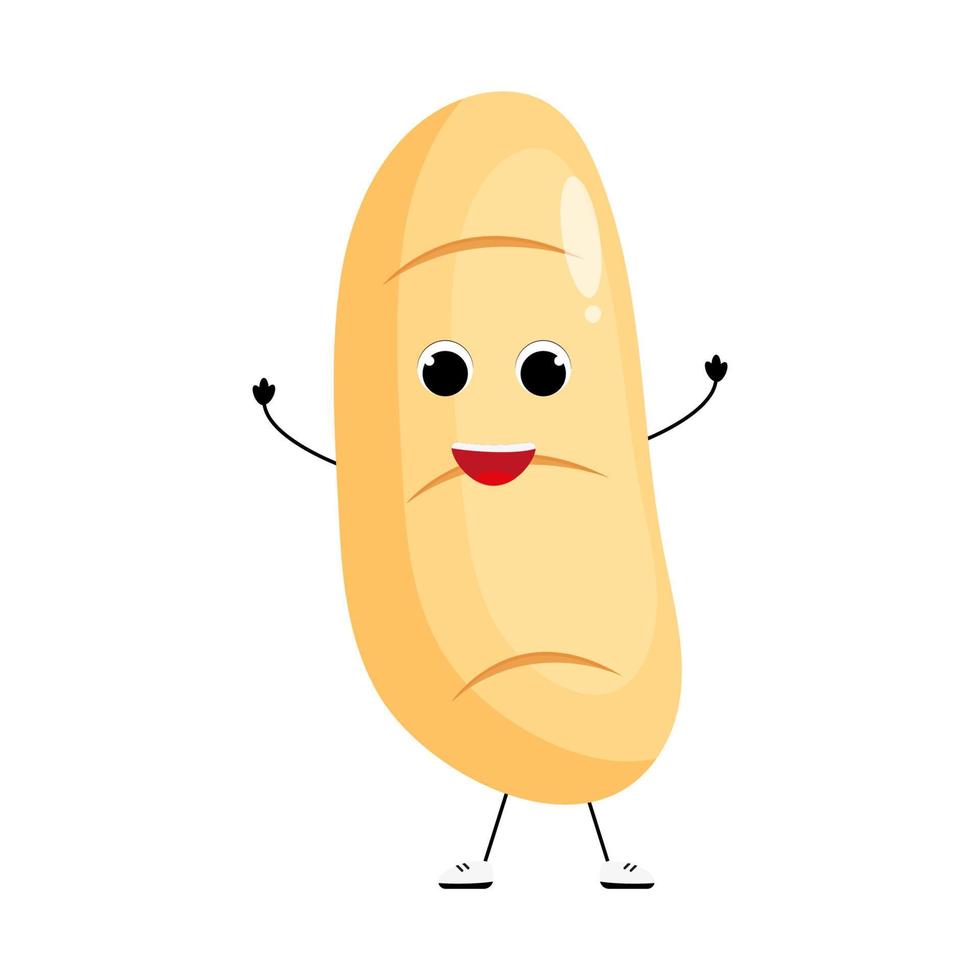 Bread character. Funny smiling bakery  baguette. Cute bakery mascot. Vector illustration