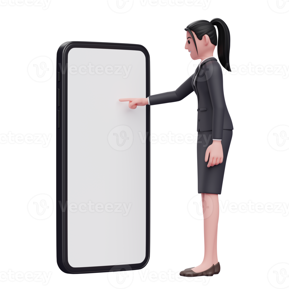 Business woman in formal suit touching phone screen with index finger, 3d render character illustration png