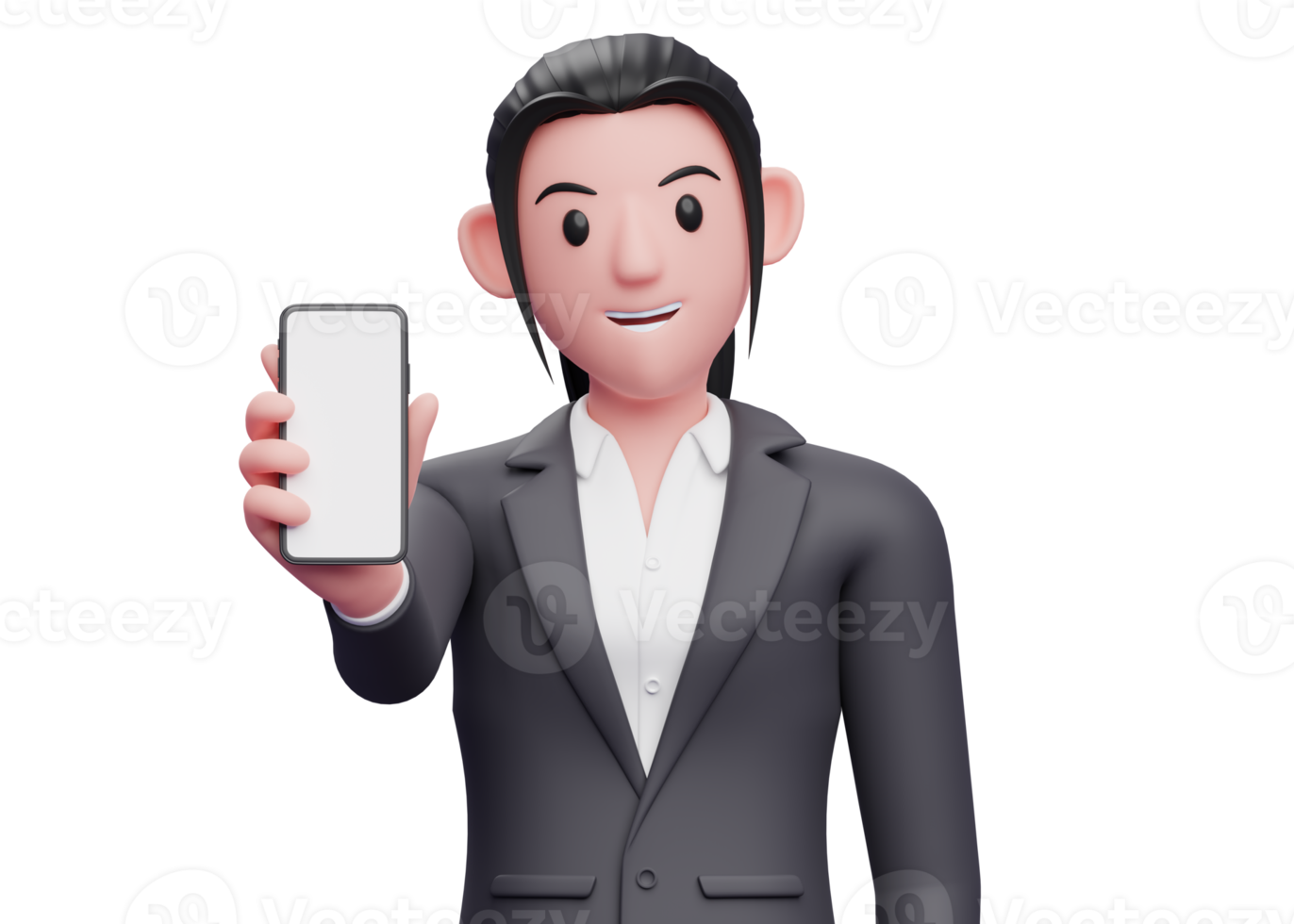 Portrait Business woman in formal suit showing phone screen to the camera, 3d render close up girl character png