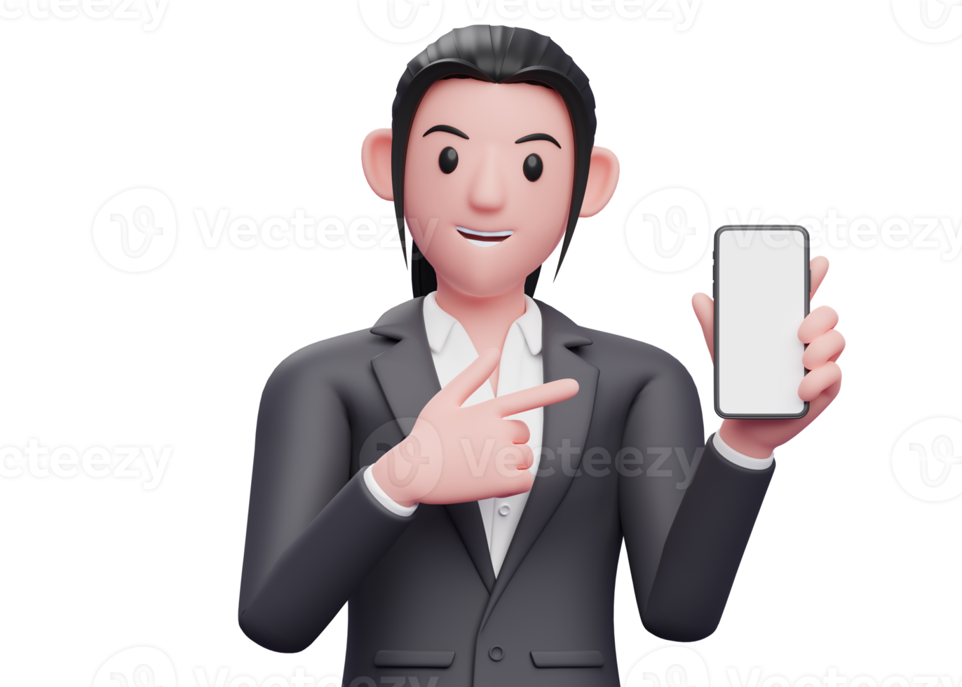 Portrait Business woman in formal suit pointing to phone screen for advertising, 3d render close up girl character png