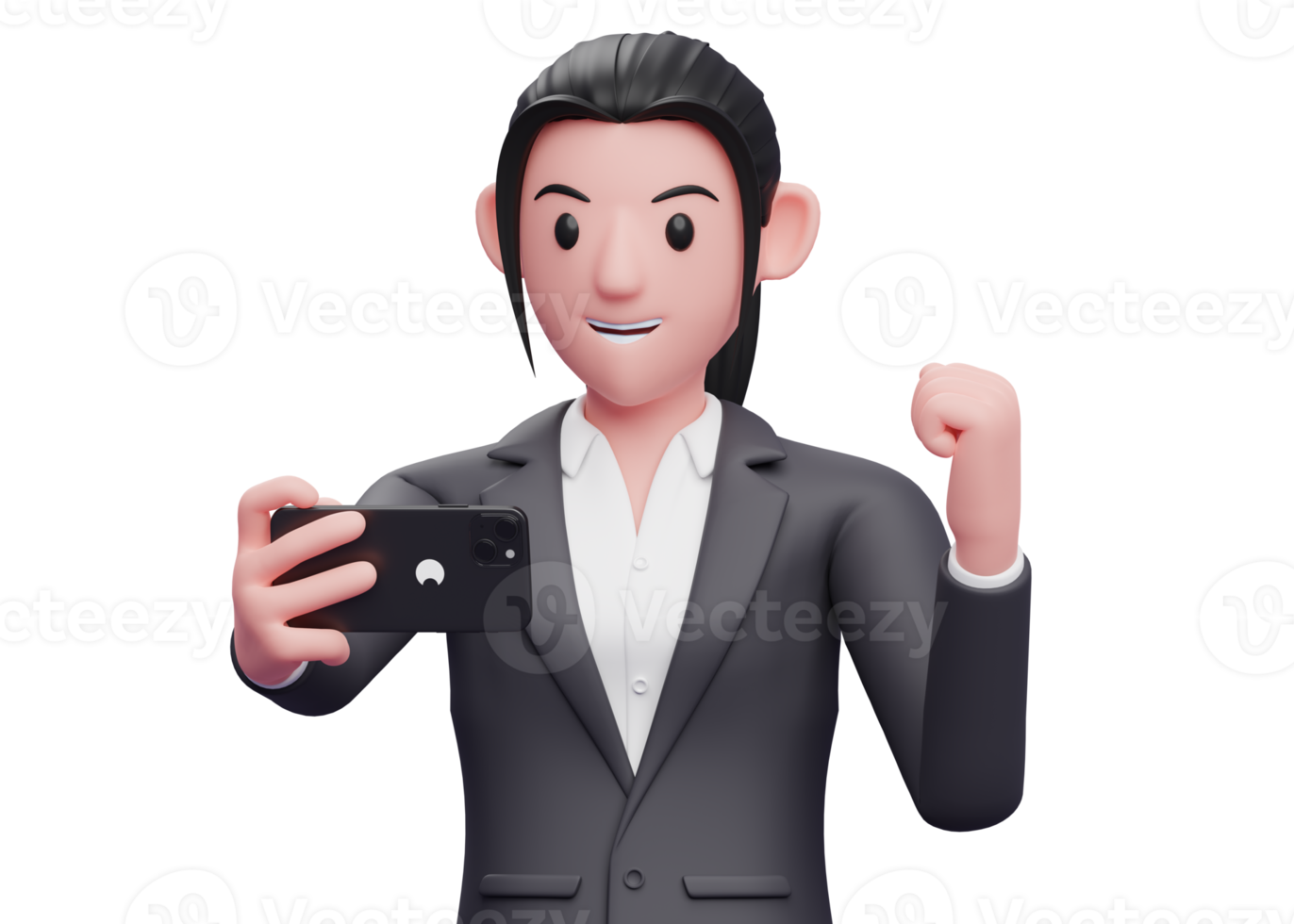 Portrait Business woman in formal suit looking phone screen and celebrating, 3d render close up girl character png