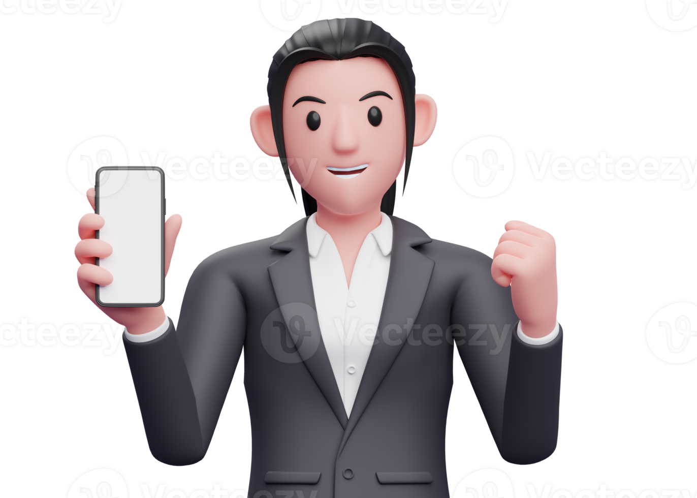 Portrait Business woman in formal suit holding phone and celebrating, 3d render close up girl character png