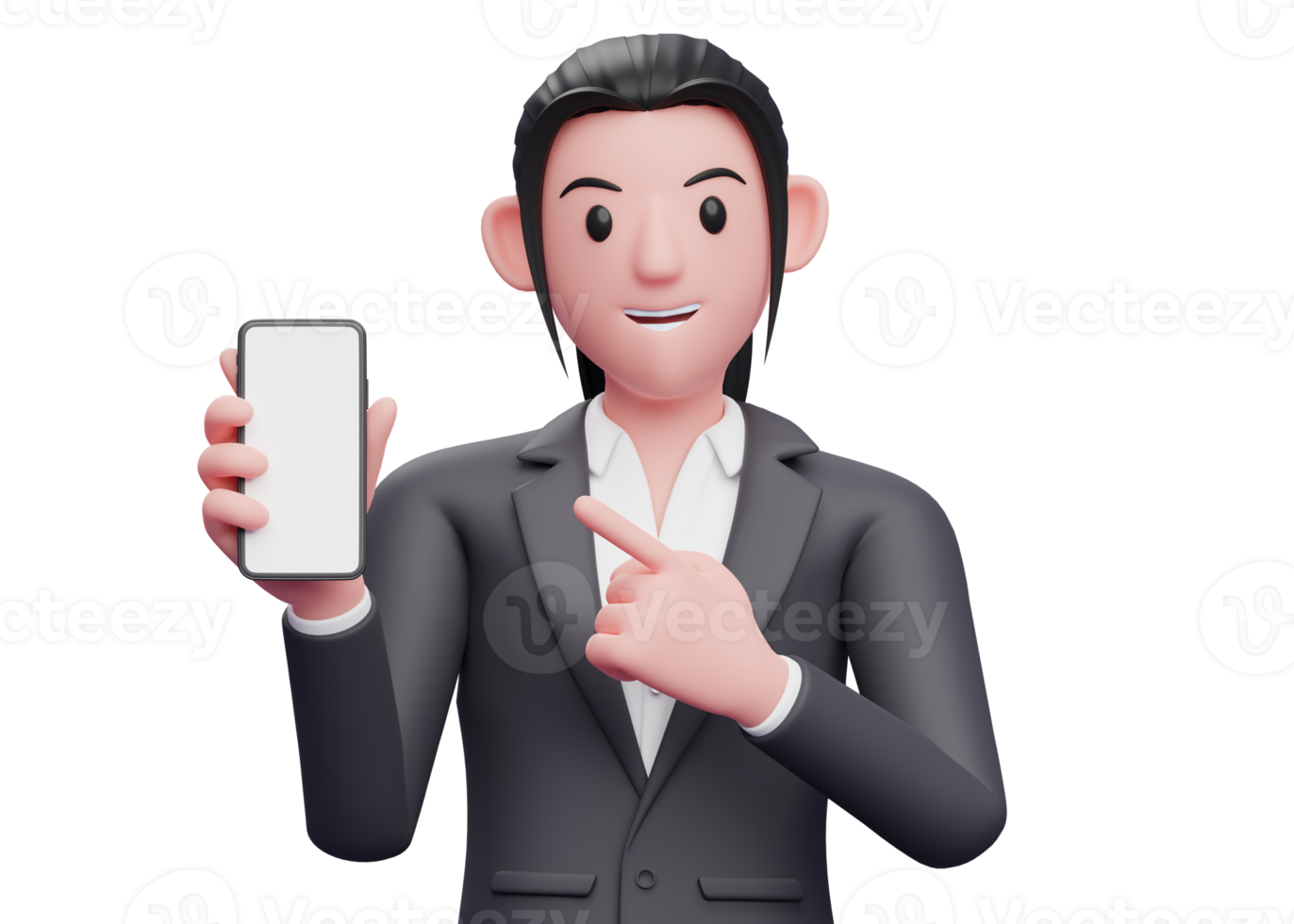 Portrait Business woman in formal suit pointing cell phone with index finger, 3d render close up girl character png