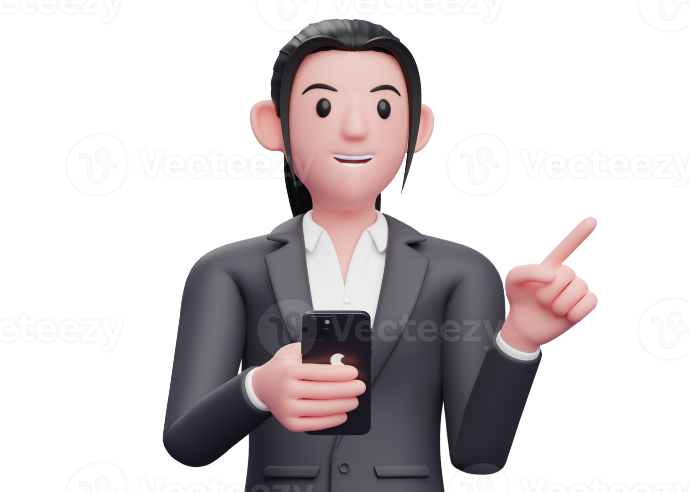 Portrait Business woman in formal suit pointing to the side choosing gesture and holding a phone, 3d render close up girl character png