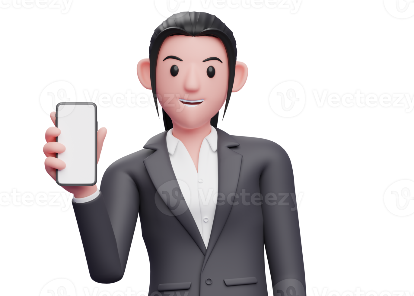 Portrait Business woman in formal suit holding a smartphone while tilting her body, 3d render close up girl character png