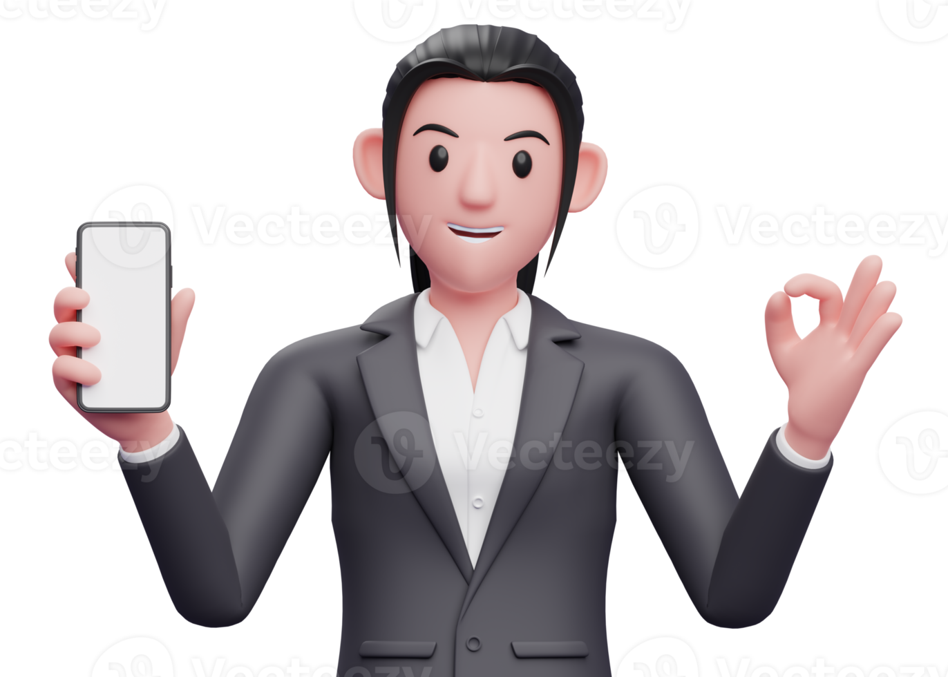 Portrait Business woman in formal suit giving ok finger and holding a mobile phone , 3d render close up girl character png