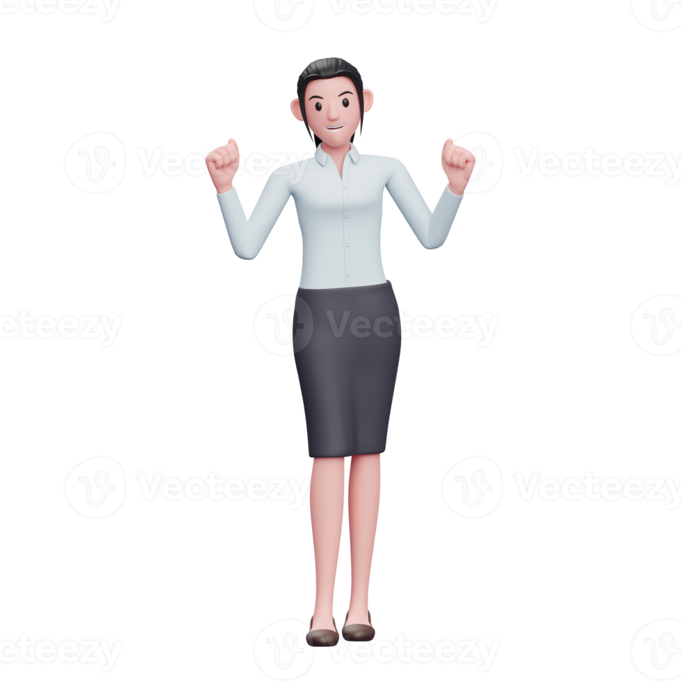 mujer de negocios emocionada haciendo gesto ganador, ilustración de personaje de mujer de negocios de renderizado 3d png