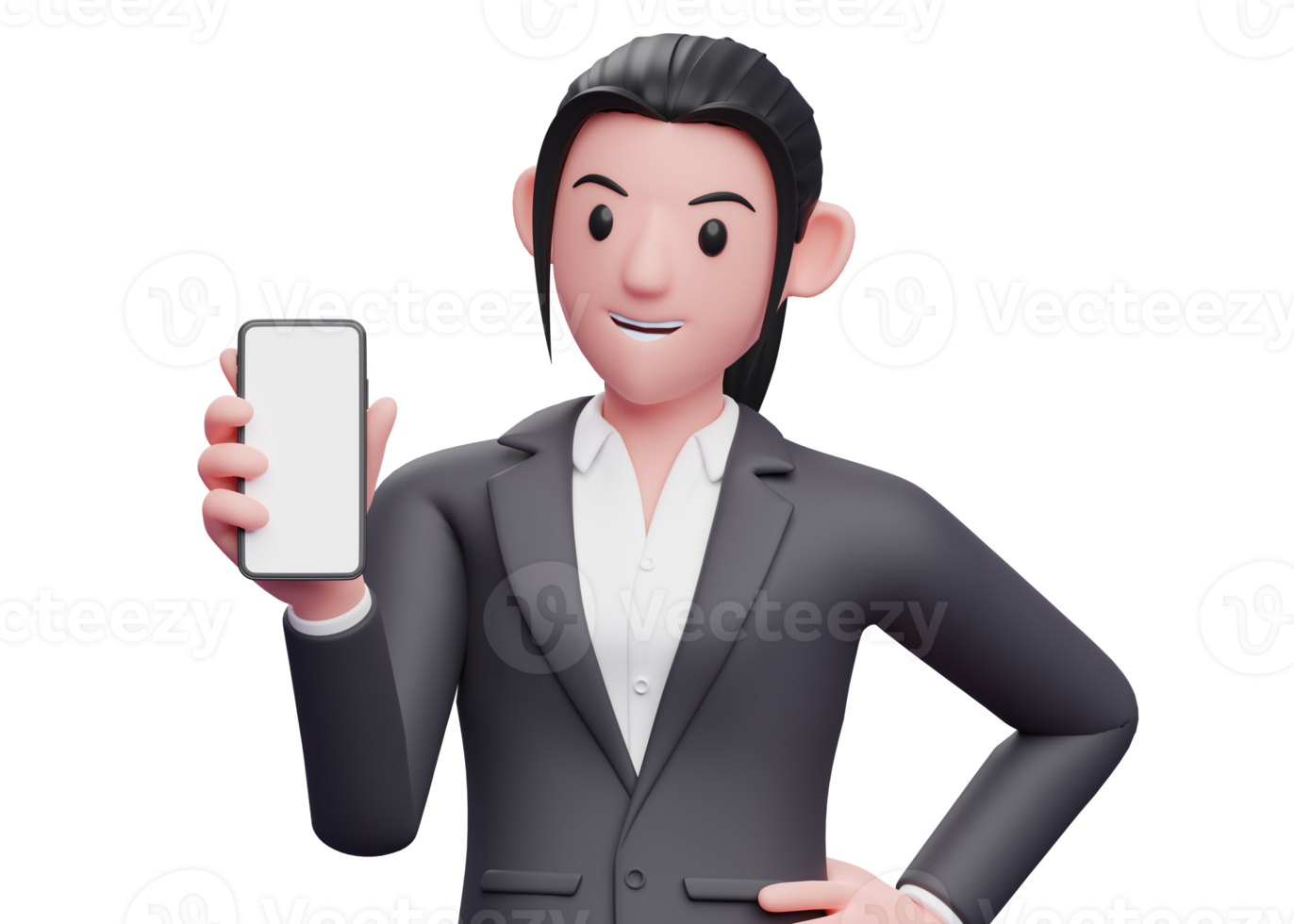 Portrait Business woman in formal suit holding and looking at a phone and left hand on waist, 3d render close up girl character png