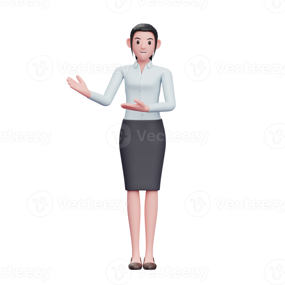 mujer de negocios joven que presenta pose, ilustración de personaje de mujer de negocios de render 3d png