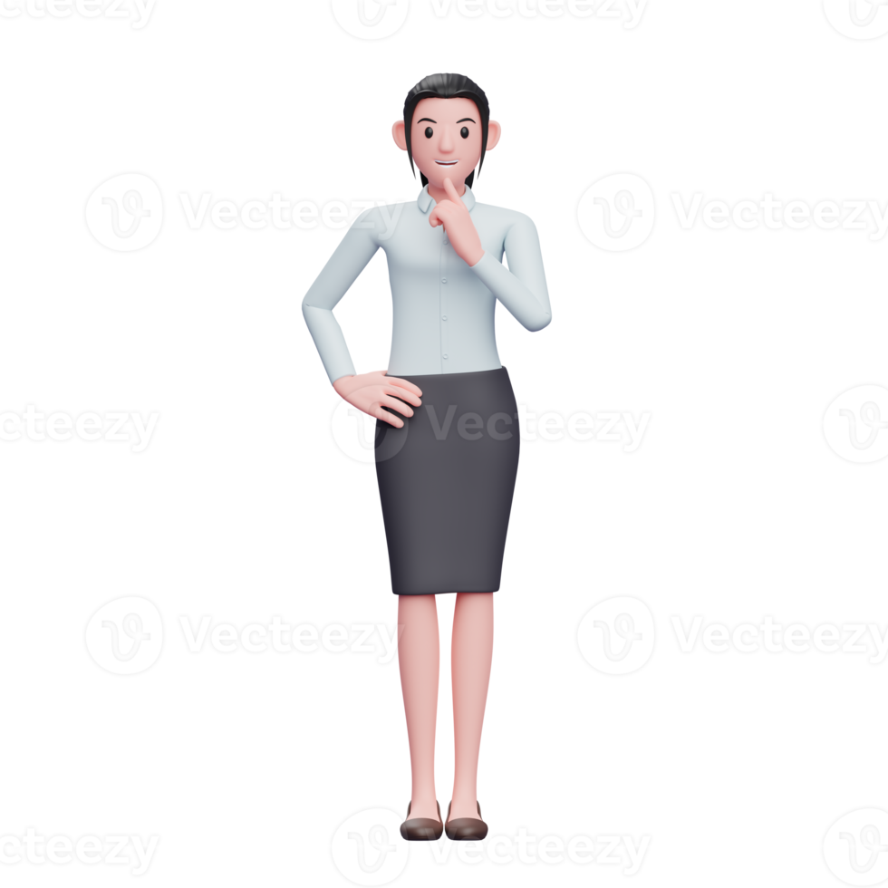 3d business woman with hand on waist and finger on chin wearing long shirt and skirt png