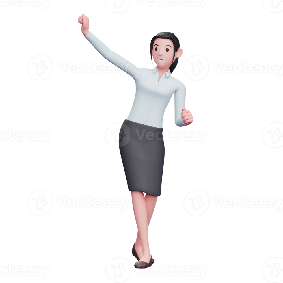 3d business woman celebrating victory with dancing wear skirts and long shirts, business woman character illustration png