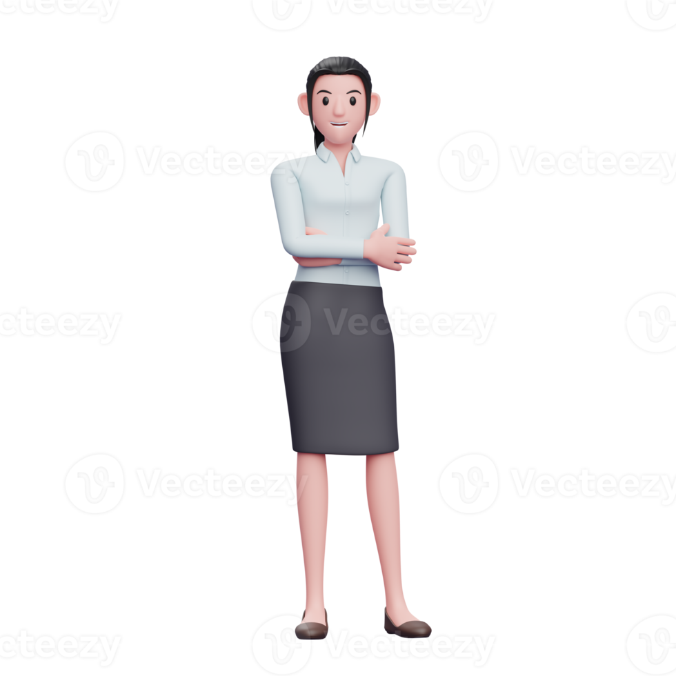 mujer de negocios 3d posando con los brazos cruzados usa faldas y camisas largas, ilustración de personaje de mujer de negocios png