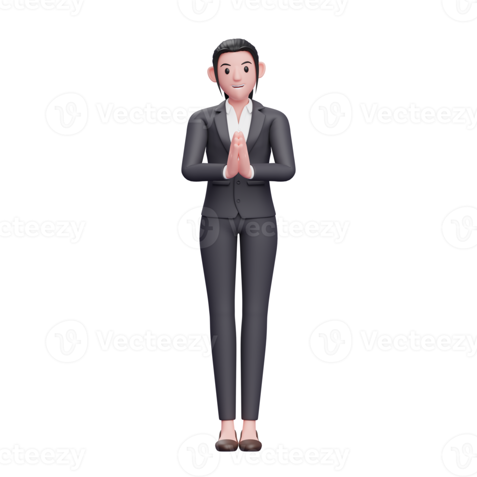 mujer de negocios con gesto de namaste, ilustración de personaje de mujer de negocios de render 3d png