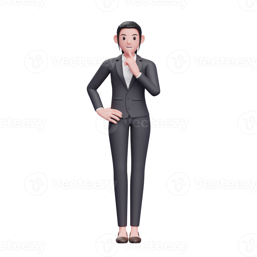 business woman standing with finger on chin, 3D render business woman character illustration png