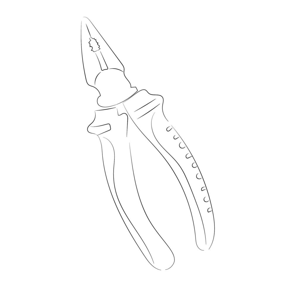 Hand-drawn black vector illustration in line arts style. Metallic tool pliers isolated on a white background