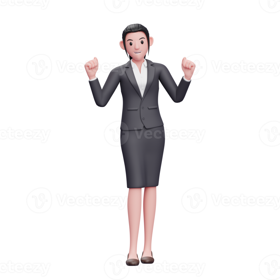 Business woman wear black skirt and blazer doing winning gesture, business woman character illustration png