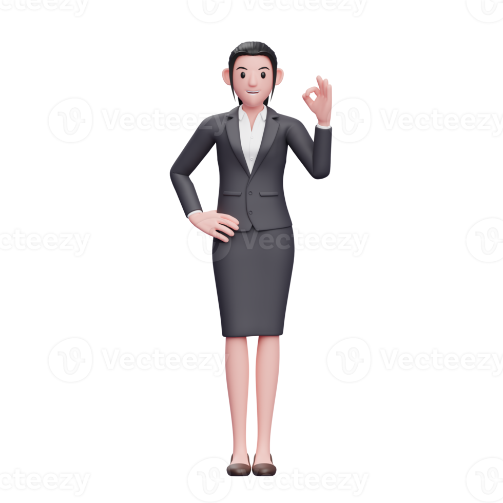 young girl wearing formal dress give appreciation with finger, 3D render business woman character illustration png