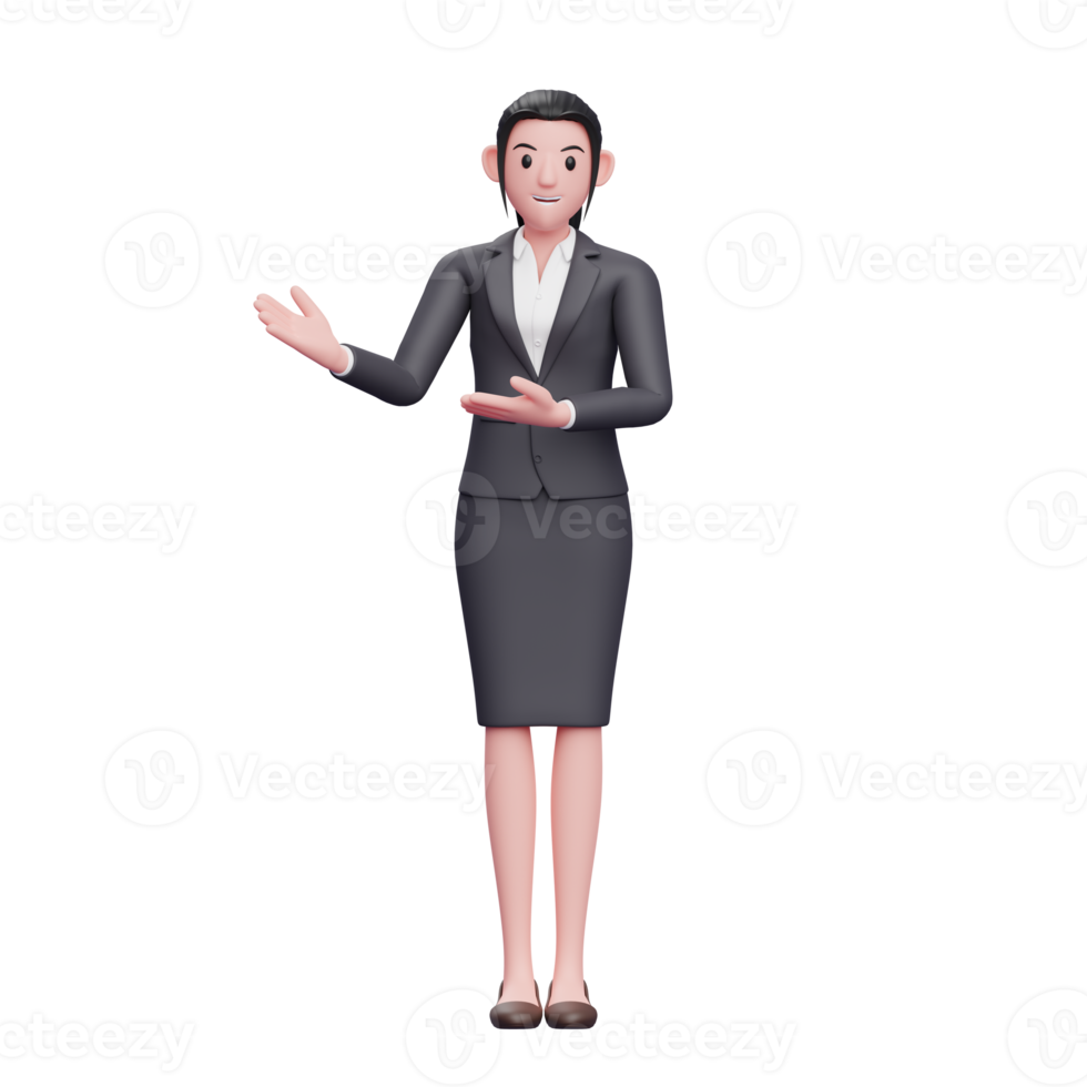 mujer joven con vestido formal que presenta pose, ilustración de personaje de mujer de negocios de render 3d png